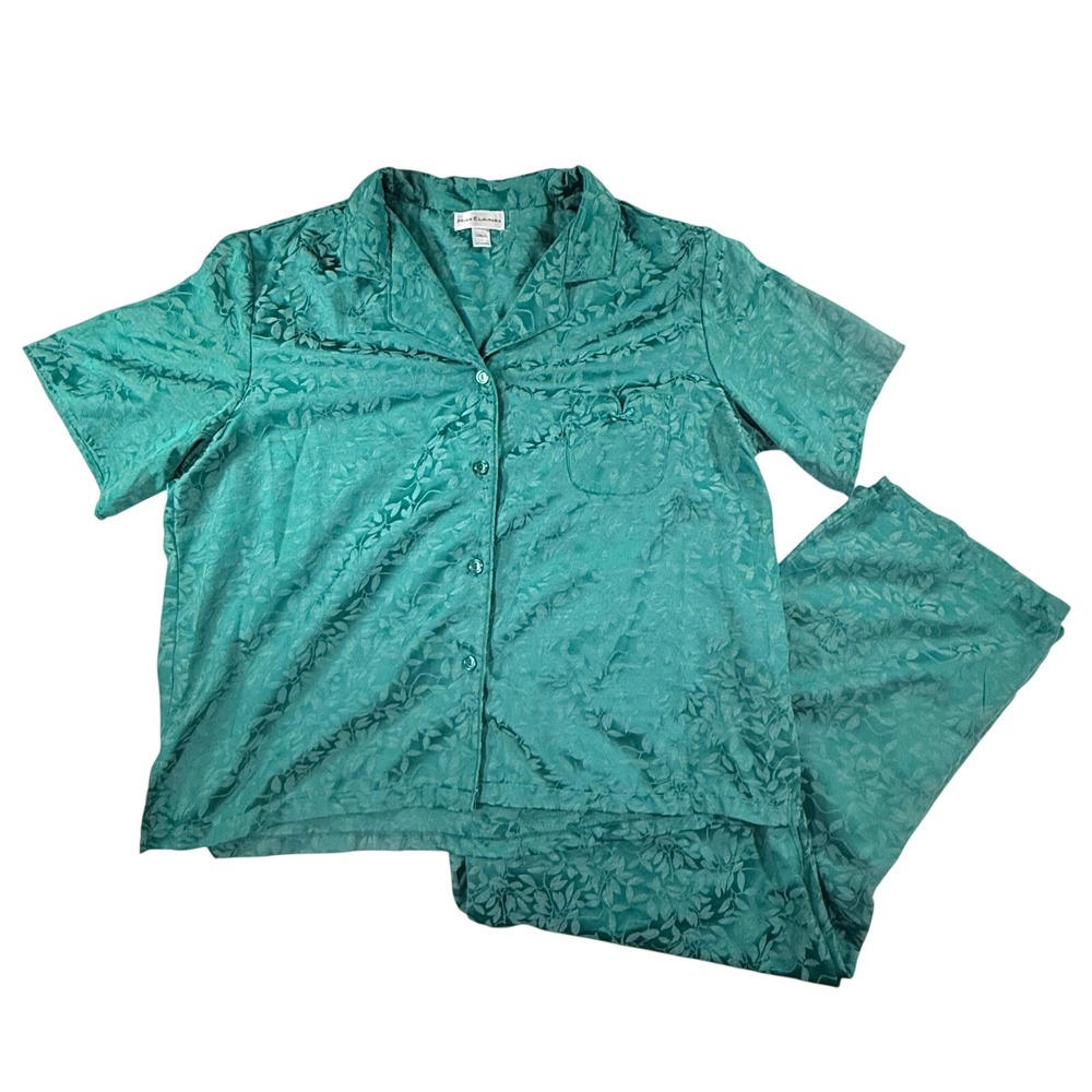 Miss Elaine Pajama Set Women XL Green Floral Jacquard Satin Loungewear Sleepwear
